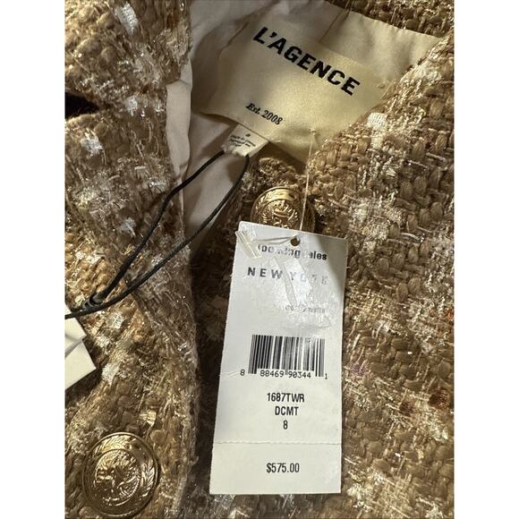 AUTH L'AGENCE Cove Cropped Tweed Jacket Coat Dark Cappuccino/Gold Multi US8 - Picture 4 of 7